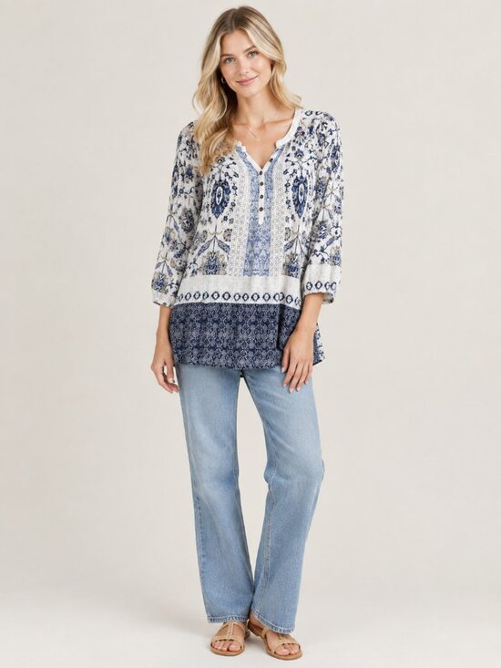 Lucky Brand Tops - 2/$30 Lucky Brand Mixed Media Floral Boho Popover Tunic 3/4 Sleeve Ecru #A4545